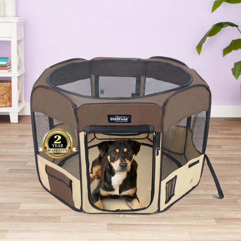 EliteField 2-Door Soft Pet Playpen (2 Year Warranty), Exercise Pen, Multiple Sizes and Colors Available for Dogs, Cats and Other Pets (42" x 42" x 24"H, Brown+Beige) - Image 2